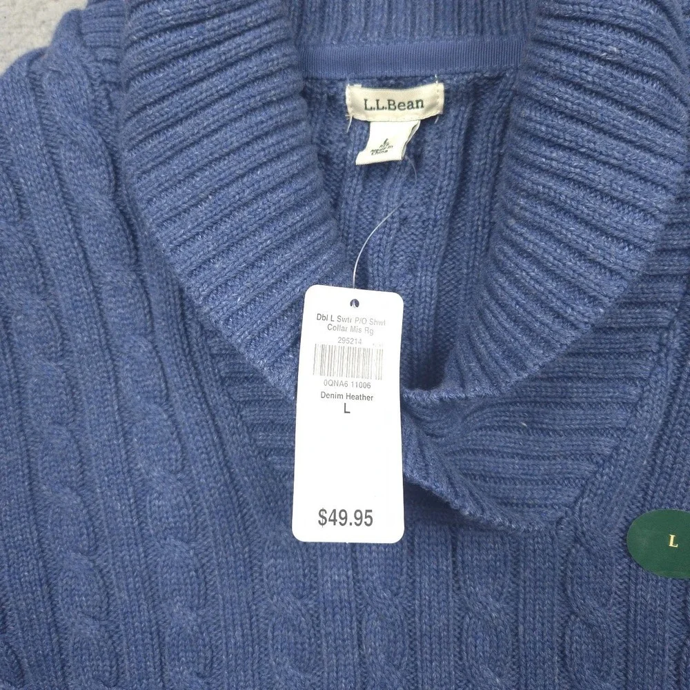 L.L.Bean Double L Sweater Women L Cotton Cable Knit Shawl Collar Blue NWT
